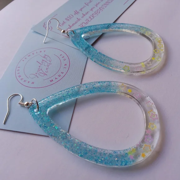 Hand Crafted Blue Glitter Teardrop Earrings - Picture 4 of 7